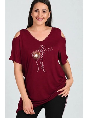 Curvy Trend Büyük Beden Breathe Baskılı Omuzu V Pencere Kısa Kol Bluz