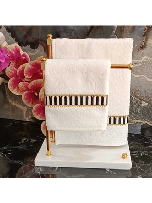 Lasetu Pip Studio Desenli Siyah Beyaz ve Gold Detaylı Nakışlı Dekoratif Mutfak ve Banyo Havlusu 2 Adet