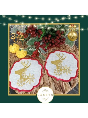 Lasetu Deer Kokteyl ve Kahve Yanı Sunum Peçetesi Yılbaşı Temalı Gold Geyik Işlemeli 2 Adet