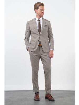 İmza Kahverengi-Beyaz Mono Yaka Düz Bez Ayağı 6 Drop Slim Fit Esnek Takım Elbise 1001260172
