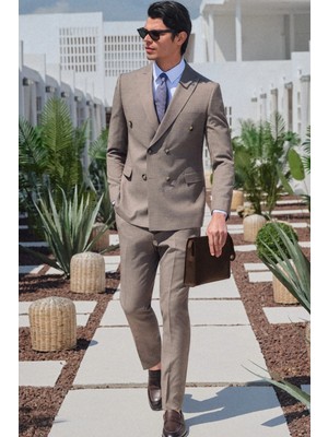 İmza Kahverengi-Beyaz Kırlangıç Yaka Kruvaze 6 Drop Slim Fit Tam Astar Esnek Takım Elbise 1001260171