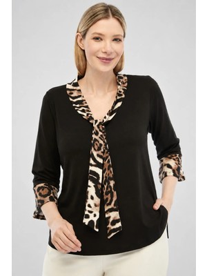 Curvy Trend Büyük Beden Leopar Desenli Kravat ve Volan Truvakar Kol Yan Yırtmaçlı Bluz