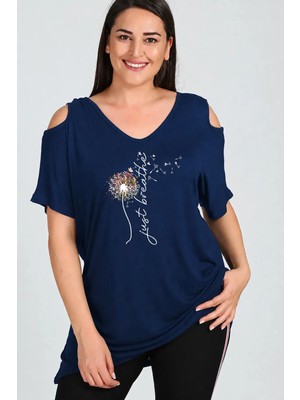 Curvy Trend Büyük Beden Breathe Baskılı Omuzu V Pencere Kısa Kol Bluz