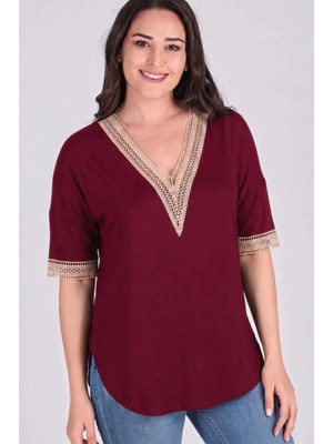 Curvy Trend Büyük Beden V Yaka Bej Dantelli Yarım Kol Yan Yırtmaç Bluz