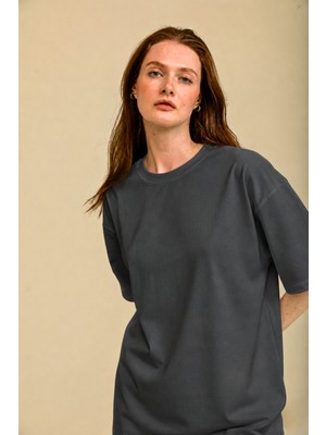 Guaraz Kadın Oversize Bisiklet Yaka %100 Organik Pamuk Düz Basic Yazlık T-Shirt
