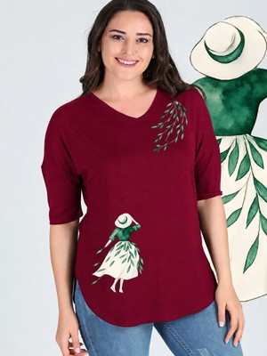 Curvy Trend Büyük Beden Kız ve Yapraklar Baskılı Yarım Kol Yan Yırtmaç Bluz