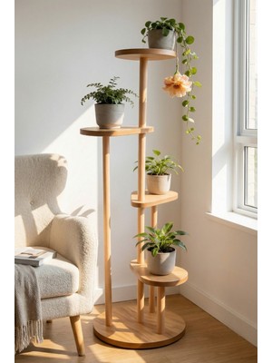 Ahşap 4 Raflı Dekoratif Saksı Standı Yuvarlak Şekil 110 cm Salon Ofis Kullanımına Uygun