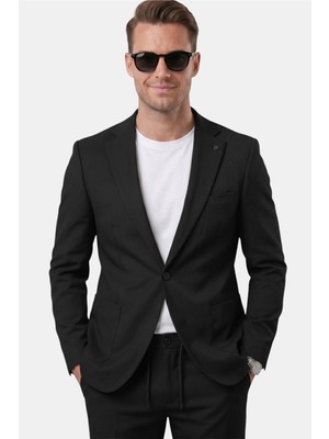 Deepsea Siyah Premium Çizgi Dokulu Slim Fit Likralı 2’li Erkek Takım Elbise 2600821