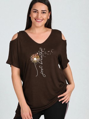 Curvy Trend Büyük Beden Breathe Baskılı Omuzu V Pencere Kısa Kol Bluz