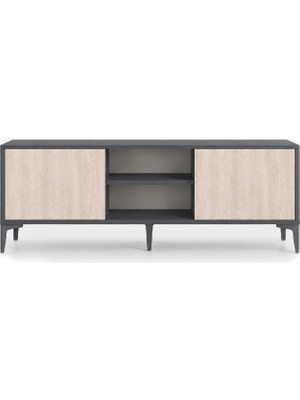 By Cino Napoli 130 cm 2 Kapaklı Raflı Traverten Desenli Modern Tasarım Tv Ünitesi