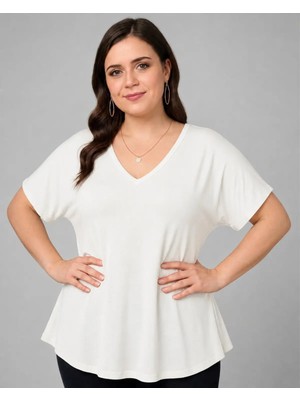 Curvy Trend Büyük Beden V Yaka Kısa Kol Geniş Etekli Bluz