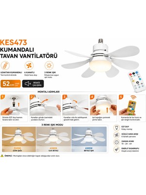 K2 Global Kendal KES473 Kumandalı Tavan Vantilatörü 3 Renk Fanlı LED E27 Duy 6 Kanatlı 52 cm
