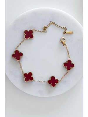 Aurrari Gold Bordo Doğal Taşlı Premium Çelik Bileklik