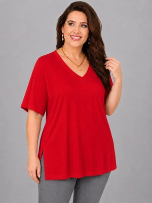 Curvy Trend Büyük Beden V Yaka Kısa Kol Yan Yırtmaçlı Bluz