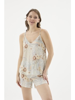 Sevim Kadın Ince Askılı Şortlu Çiçek Desenli Ekru Pijama Takımı C2T6N571