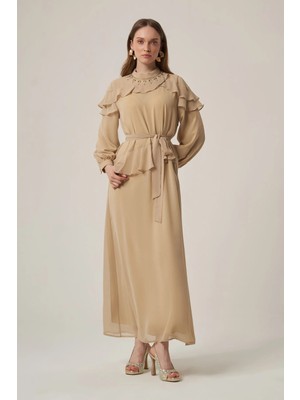 Ftz Women Kadın Şifon Yaka Taşli Elbise  Beige 31379