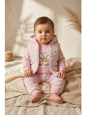 Dyzstar Kız Bebek Pembe Papatya Desenli 3 Lü Takım - Kapüşonlu Şişme Yelek, Sweatshirt ve Eşofman Altı Kombini
