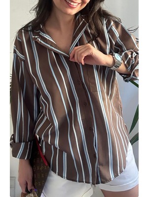 Lasorella Butik Kadın Kahverengi Çizgili Gömlek