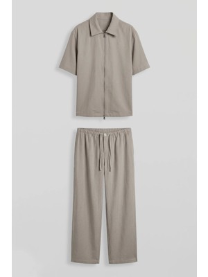 Abluka Online Erkek Relaxed Fit Tencel Fermuarlı Gömlek Pantolon Takımı Bej