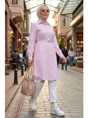 Harma Time Butik Kadın Çizgi Desenli Kemerli  Keten Pembe Gömlek