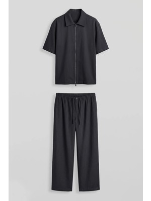 Abluka Online Erkek Relaxed Fit Tencel Fermuarlı Gömlek Pantolon Takımı Lacivert