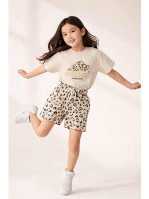 Poala Kids Logolu Leopar Şortlu Takım Kız Çocuk Alt Üst Takım