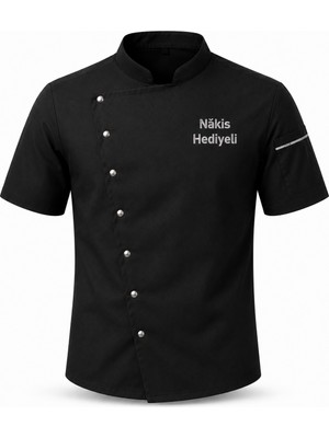 Mekaizen Kısa Kollu Chef Ceketi Aşçı Üniforması, Aşçı Gömleği Aşçı Forması Asimetrik Tasarım Nakış Hediyeli