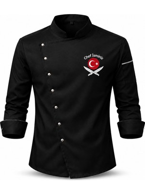 Mekaizen Chef Ceketi – Aşçı Üniforması, Aşçı Gömleği Aşçı Forması Asimetrik Tasarım Türk Bayraklı Nakış Hediyeli