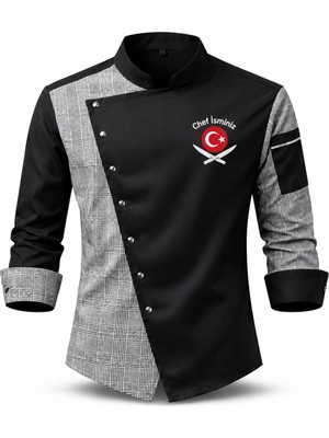 Mekaizen Chef Ceketi – Aşçı Üniforması, Aşçı Gömleği Aşçı Forması Asimetrik Tasarım Türk Bayraklı Nakış Hediyeli