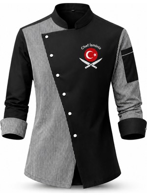 Mekaizen Chef Ceketi – Aşçı Üniforması, Aşçı Gömleği Aşçı Forması Asimetrik Tasarım Türk Bayraklı Nakış Hediyeli