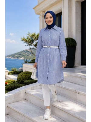 Harma Time Butik Kadın Çizgi Desenli Kemerli  Keten Lacivert Gömlek