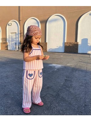 Poala Kids Kalp Nakışlı Keten Takım Kız Çocuk Alt Üst Takım