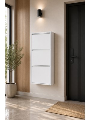 Evitaç 3 Kapaklı Metal Ayakkabılık - Ultra Ince Modern Antre Organizer - Beyaz-Antrasit