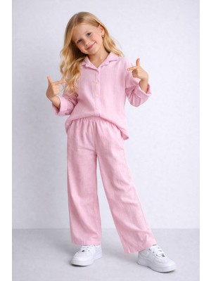 Poala Kids Müslin Gömlekli Pembe Takım Kız Çocuk Alt Üst Takım