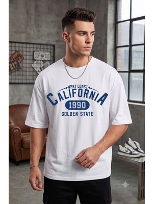 Trendseninle Erkek Beyaz California 1990 Baskı Organik Pamuk Comfort Tişört