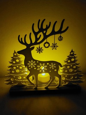Lunera Accessories 3D Noel Ağacı ve Ren Geyiği Mumluk | Yılbaşı Dekoru | El Yapımı 3D Baskı Tasarım