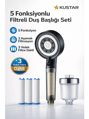 Kustar Filtreli Duş Başlığı Seti 3 Yedek Filtre + Harici Su Arıtma Aparatı | 2 Aşamalı Filtrasyon