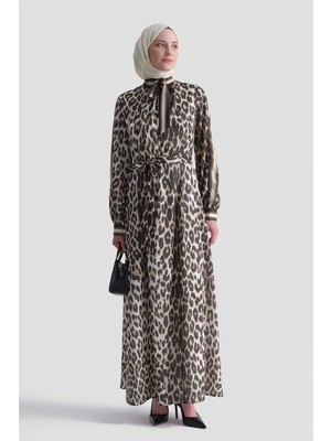 Armine Leopar Desenli Elbise Kahverengi