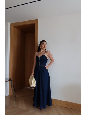 Özge Özgenç Ip Askılı Denim Maxi Elbise