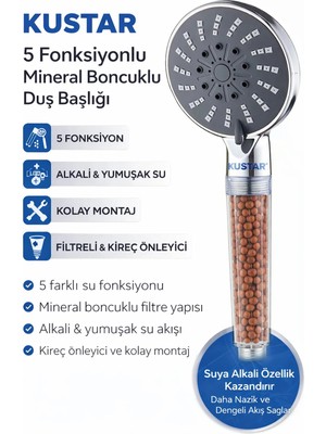 Kustar 5 Fonksiyonlu Mineral Boncuklu Duş Başlığı – Alkali & Yumuşak Su Teknolojisi