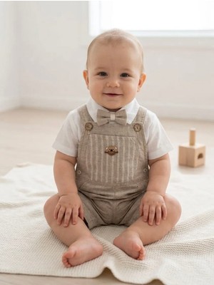 Aki Moda Kids Aki Moda Kıds Teddy Cep Detaylı Erkek Bebek Papyonlu Keten Salopet Takımı
