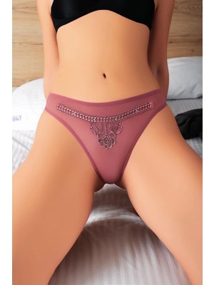 Nemere  Vizon Nakış Desenli Taşlı Fantezi Tanga String