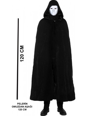 MiraLive Siyah Kapüşonlu 120 cm Pelerin ve Beyaz Boyanabilir Tam Yüz Maske (4887)