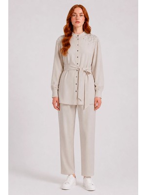 Ftz Women Kadın Omuz Taşli Tencel Takım  Beige 31414