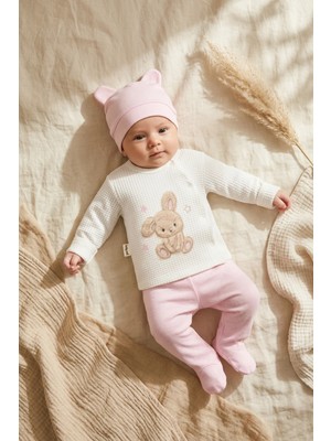 Babydonat Mila Tavşanlı %100 Pamuklu 3'lü Bebek Takımı 0-3 Ay - Waffle Örgü Kruvaze Üst, Patikli Pantolon ve Bere Seti - Pembe & Ekru