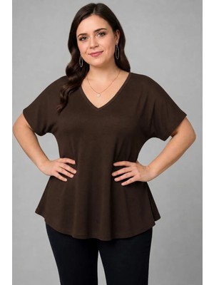 Curvy Trend Büyük Beden V Yaka Kısa Kol Geniş Etekli Bluz