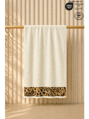 Ellaline Leopar Plaj Havlusu %100 Pamuk Sertifikalı Deniz & Havuz Havlu Krem 70X140CM