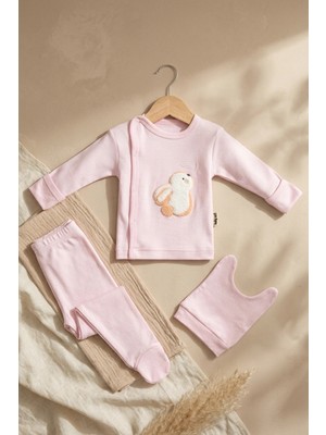 Babydonat Lulla Angel Bunny Pembe Nakışlı %100 Pamuklu 3'lü Bebek Hastane Çıkışı ve Alt Üst Takım 0-3 Ay