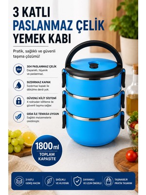 Sas Haus 3 Katlı Paslanmaz Çelik Yemek Kabı 1800 ml Sızdırmaz Kapaklı Taşınabilir Lunch Box