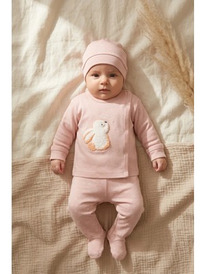 Babydonat Lulla Angel Bunny Gülkurusu Nakışlı %100 Pamuklu 3'lü Bebek Hastane Çıkışı ve Alt Üst Takım 0-3 Ay
